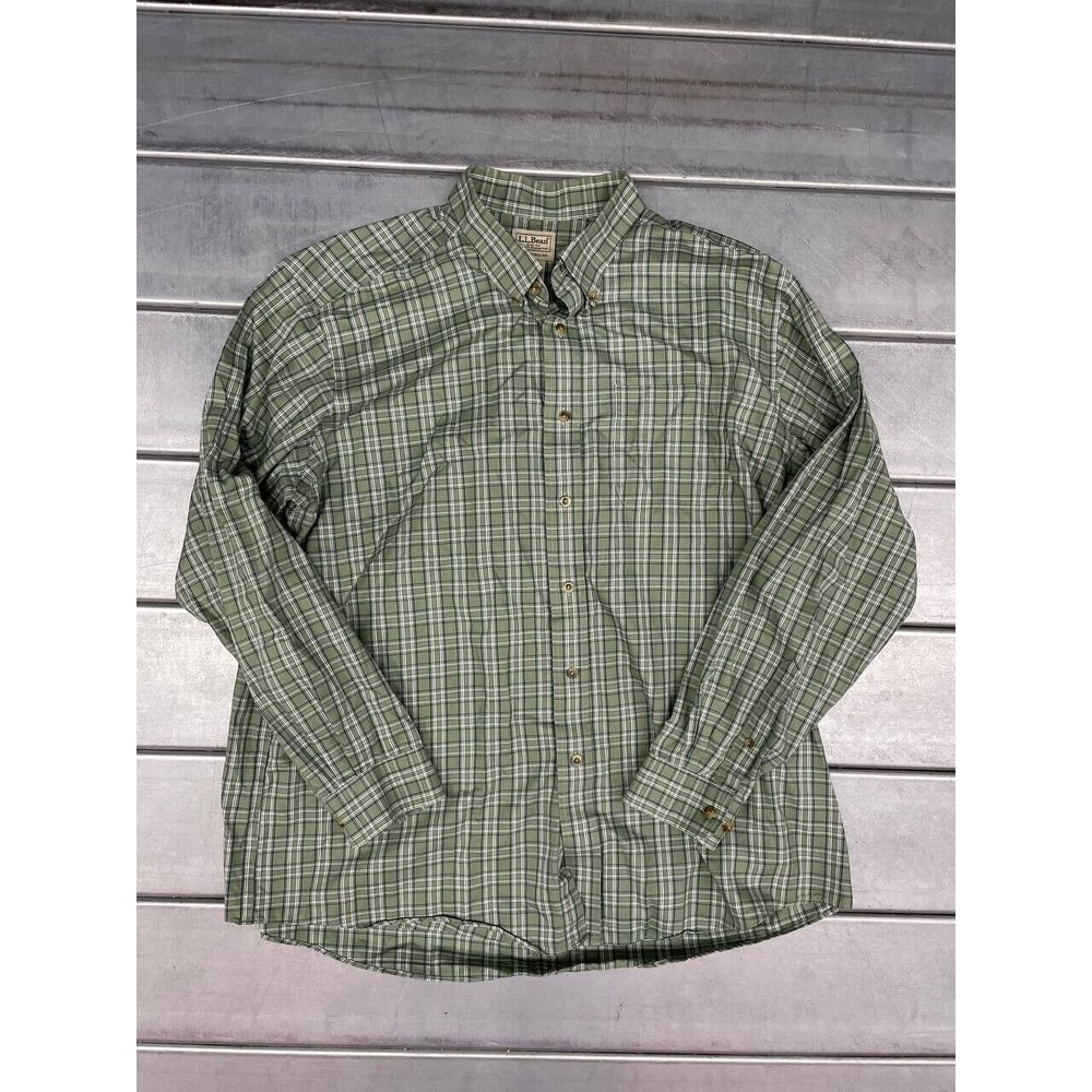 LL Bean Button Up‎ Shirt Mens XL Green Plaid Casual Comfort Long Sleeve